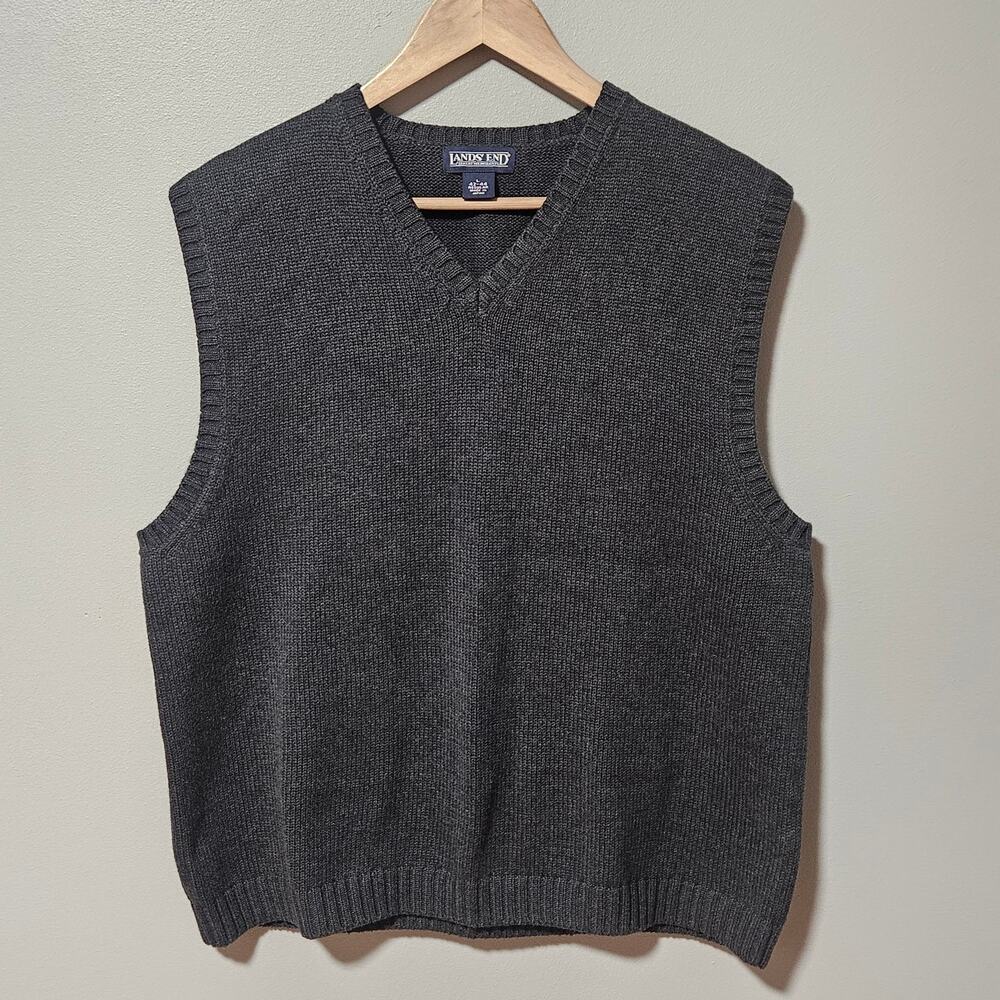 Lands' End Sweater Vest Mens L Gray Cotton Knit V Neck Pullover Preppy Old Money